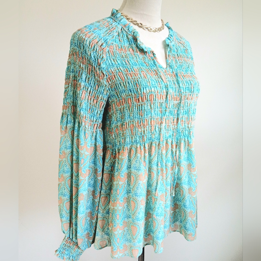 🩵Rose & Olive-Long Sleeves-Smocked-Boho Blouse-Paisley-Turquoise-Size Medium💚